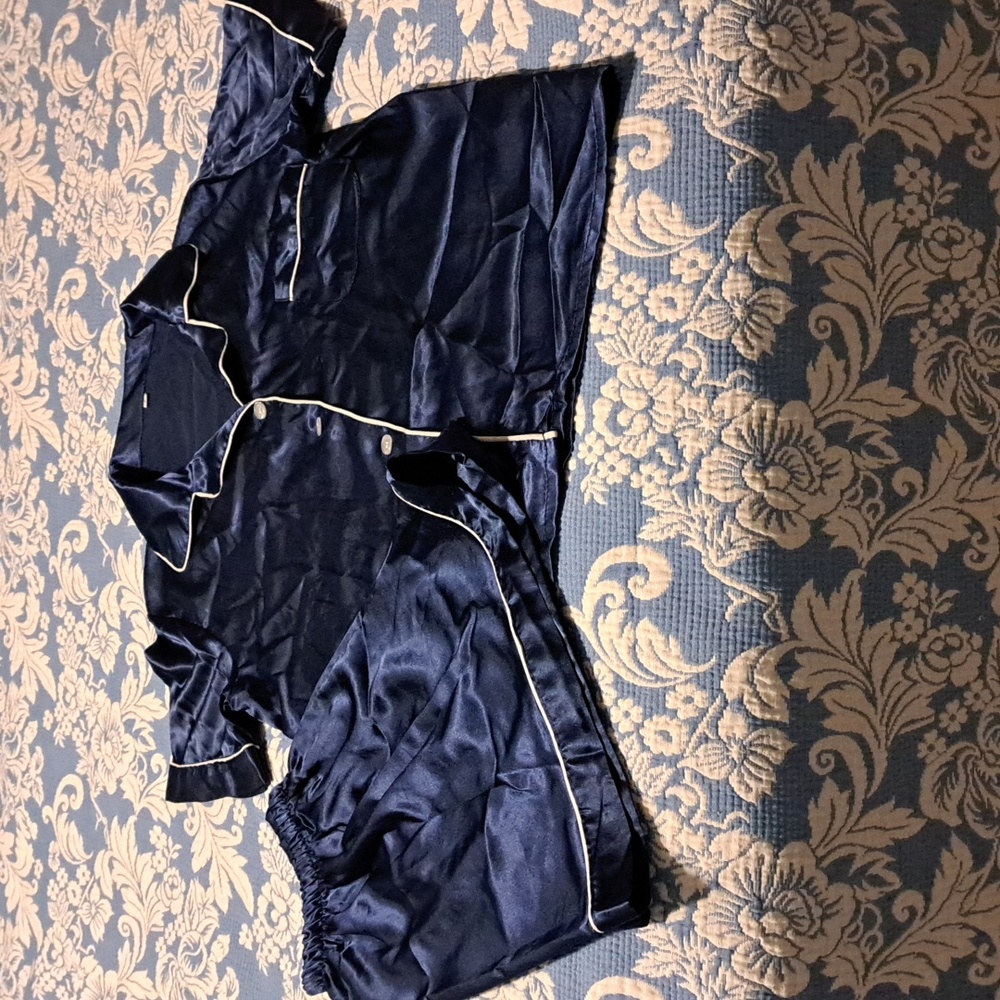 Blue Satin-like Pajama PJ shorts set